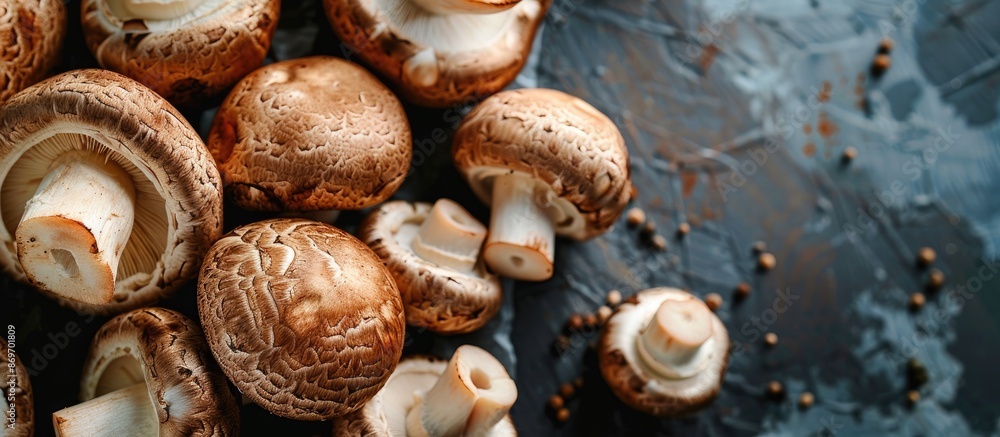 Close-up view of brown mushrooms, including champignons, whole and cut in half, with ample copy space image in the frame. Close-up view of brown mushrooms, including champignons, whole and cut in half, with ample copy space image in the frame.