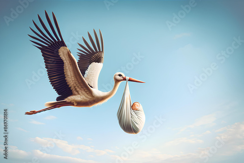 a stork flying with a baby swaddled in a cloth, set against a clear blue sky