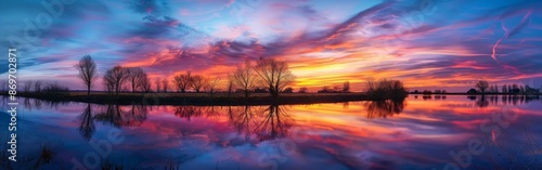 Serene Sunset Over Rural Landscape with Reflective Waters