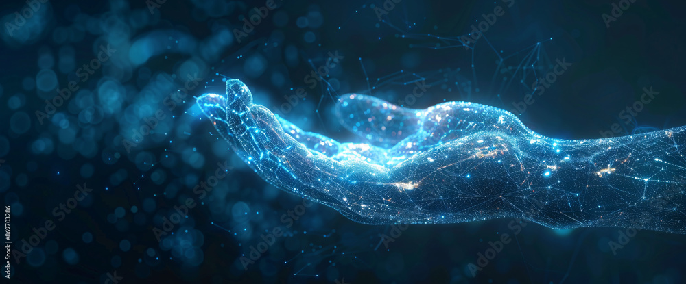 A digital hand hologram on a dark background with copy space, representing neural network connection and communication with artificial intelligence. A digital hand hologram on a dark background with copy space, representing neural network connection and communication with artificial intelligence.