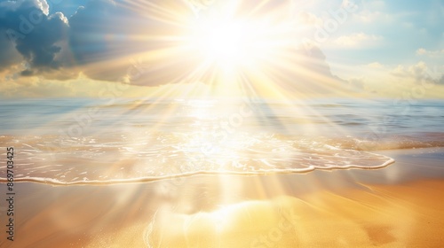 Background featuring bright sun rays over sandy beach with ocean view