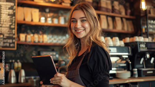 Young Waitress Smiling and Holding Tablet in Coffee Shop