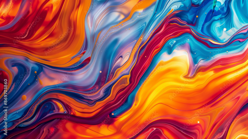 Fototapeta premium Flowing streaks of vibrant colors like orange, blue, and red create an abstract pattern, suitable as a background or wallpaper for creative projects.