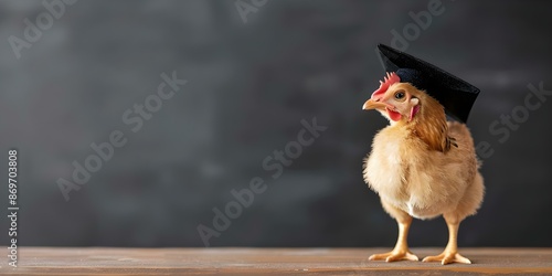 Whimsical Scene Chicken Wearing Graduation Cap in Classroom with Blackboard. Concept Whimsical Scene, Chicken in Graduation Cap, Classroom Setting, Blackboard Background