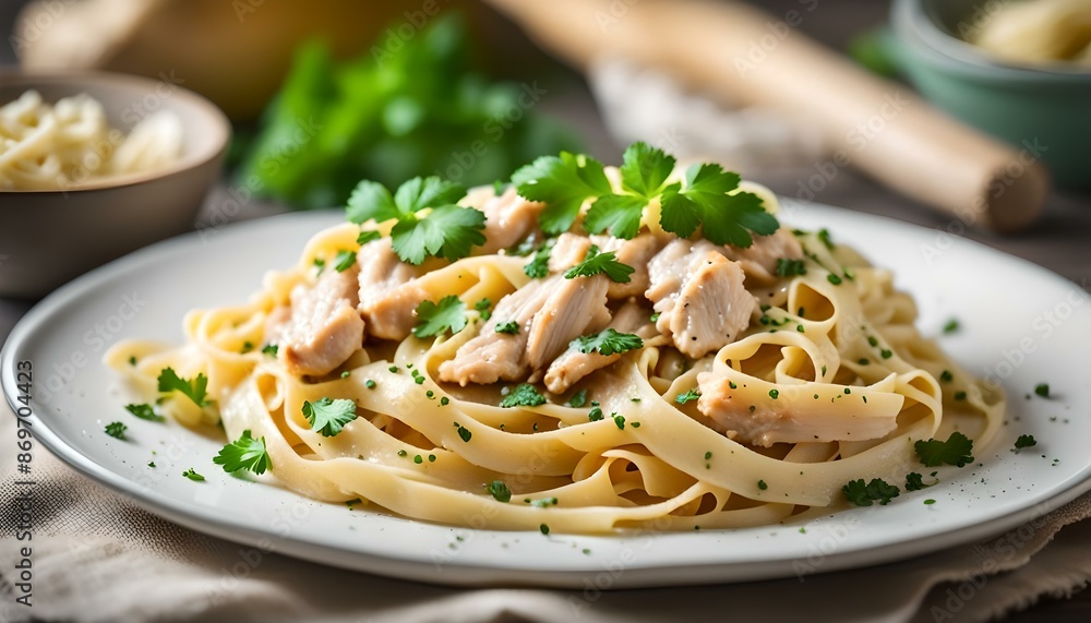 Homemade Fettucini Aflredo Pasta with Chicken and Parsley
Homemade Fettucini Aflredo Pasta with Chicken and Parsley