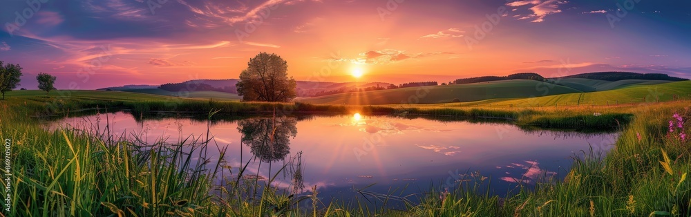 Serene Sunset Over Rural Landscape with Reflective Waters Serene Sunset Over Rural Landscape with Reflective Waters