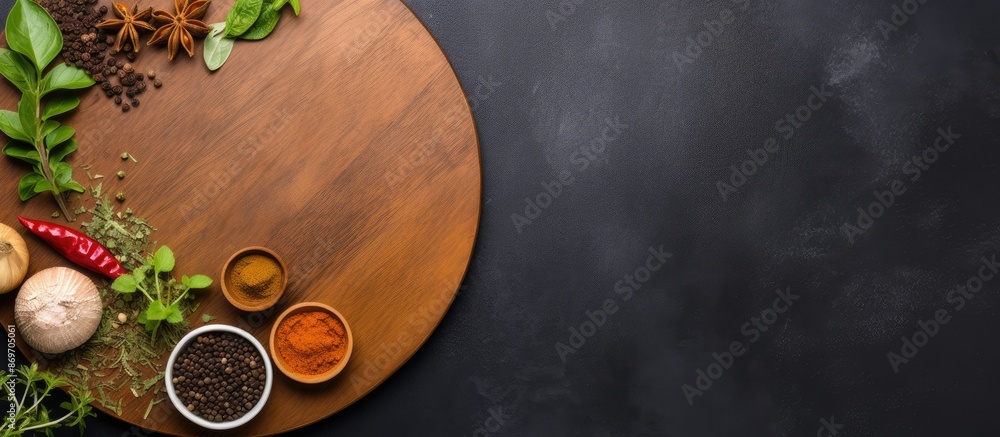 Top view of round wooden cutting board with spices and herbs on a black concrete backdrop, creating a perfect copy space image for menu or recipe mock-up. Top view of round wooden cutting board with spices and herbs on a black concrete backdrop, creating a perfect copy space image for menu or recipe mock-up.