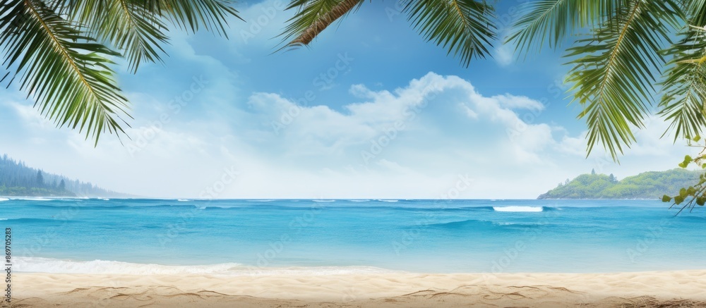 Tropical beach scene with palm tree border against the backdrop. Copy space image available. Tropical beach scene with palm tree border against the backdrop. Copy space image available.