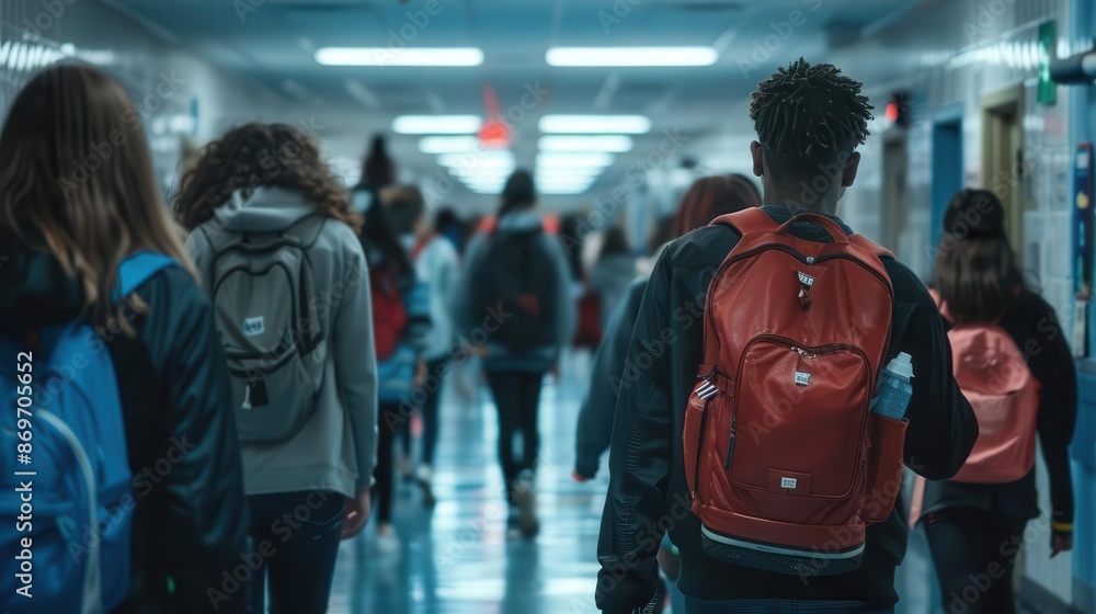bustling high school hallway viewed from behind filled with diverse students walking between classes backpacks in tow under fluorescent lighting that casts a familiar institutional glow bustling high school hallway viewed from behind filled with diverse students walking between classes backpacks in tow under fluorescent lighting that casts a familiar institutional glow