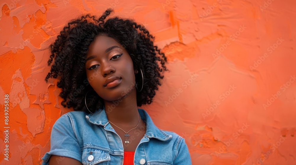 candid portrait of a young woman in casual denim attire posing naturally against a vibrant orange wall urban lifestyle photography with a fresh contemporary aesthetic