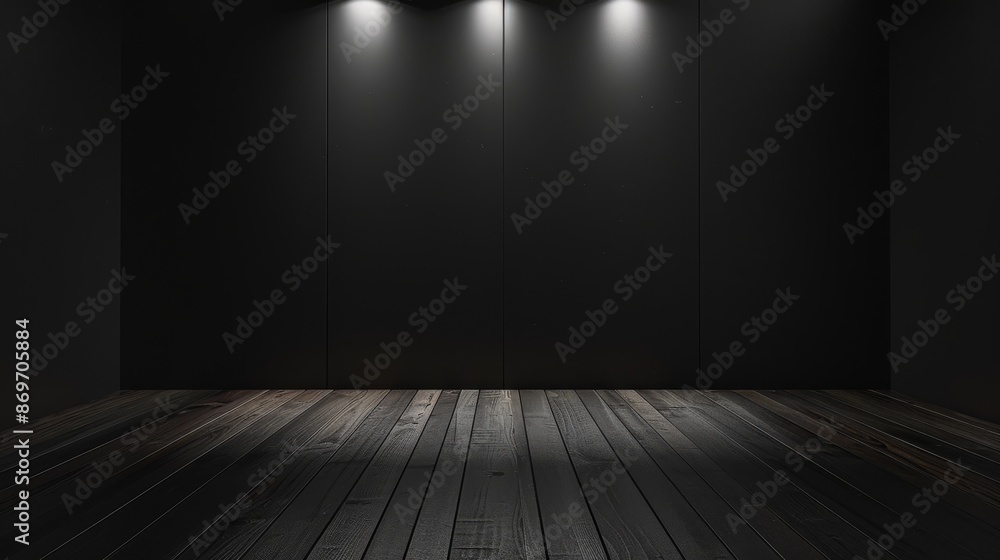The room is dark with a wooden floor and black wall, illuminated by spotlights in a modern and minimalistic style The room is dark with a wooden floor and black wall, illuminated by spotlights in a modern and minimalistic style
