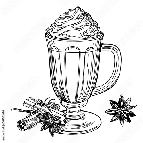 A glass of hot cocoa with whipped cream, cinnamon sticks and anise stars. thick lines with a black outline on a white background and no shading in the style of a handdrawn vector illustration.