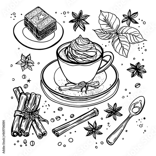 A cup with cappuccino, anise and cinnamon sticks, cake on the side , vector illustration in cartoon style outline details, white background, white color black lines