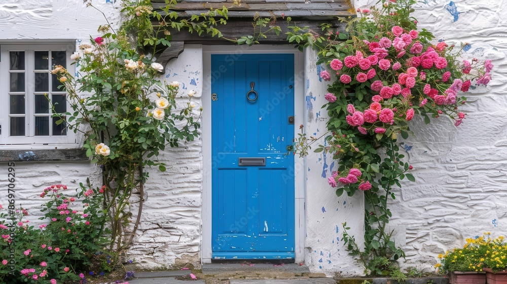 Fototapeta premium charming cottage entrance with vibrant blue door surrounded by lush climbing roses and whitewashed stone facade