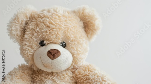 charming teddy bear portrait soft fur texture warm lighting expressive eyes slight tilt of head white background for focus © Bijac