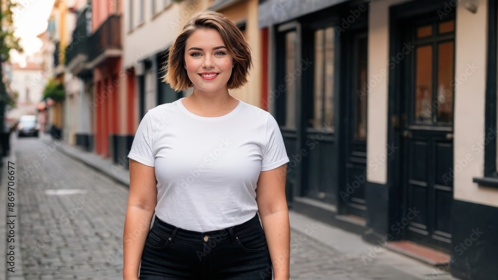 Plus size teenage girl with short hair wearing white t-shirt and black jeans standing in a city alley Plus size teenage girl with short hair wearing white t-shirt and black jeans standing in a city alley
