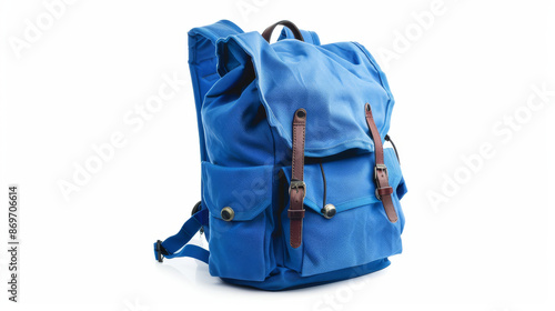 Stylish blue backpack, perfect for travel, isolated on white background.