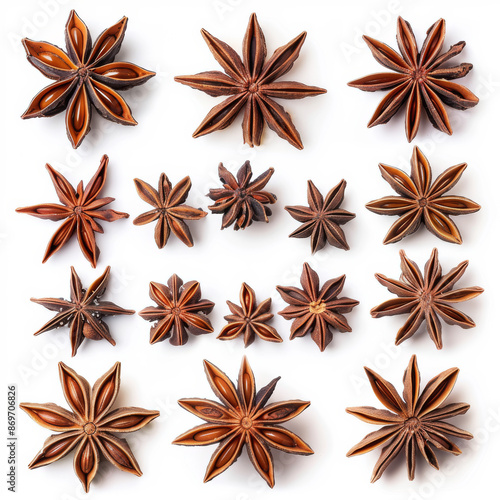 A set of aromatic star anise, isolated on a white background