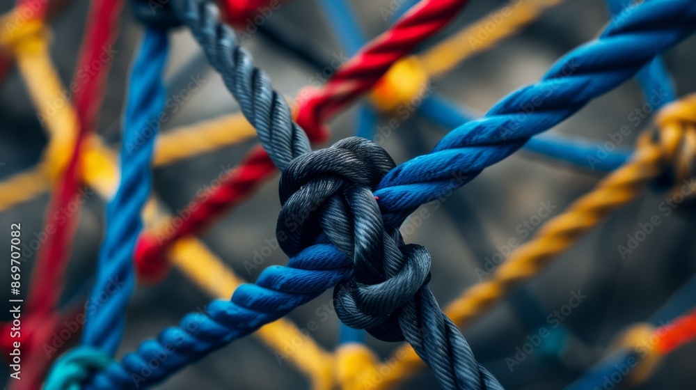 Close-up shot of vibrant ropes knotted together creating a colorful grid pattern, showcasing texture. Close-up shot of vibrant ropes knotted together creating a colorful grid pattern, showcasing texture.