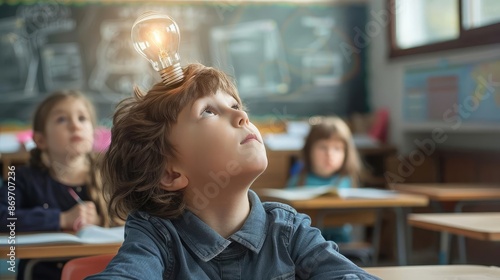 Child in a classroom with a light bulb over their head, representing a moment of realization, learning environment