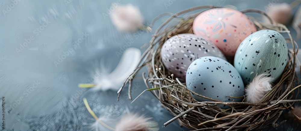 Close-up of a decorative nest featuring painted Easter eggs on a gray backdrop with feathers, perfect for a copy space image. Close-up of a decorative nest featuring painted Easter eggs on a gray backdrop with feathers, perfect for a copy space image.