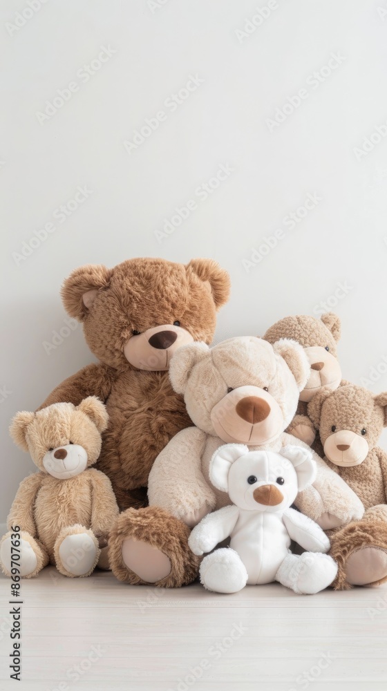 A row of eight teddy bears sit on a wooden table in front of a white wall A row of eight teddy bears sit on a wooden table in front of a white wall