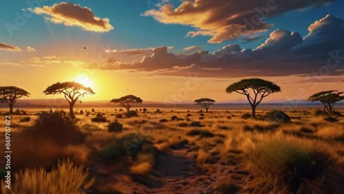 A vast savannah dotted with acacia trees and wildlife. Fantasy landscape anime or cartoon style, seamless looping 4k time-lapse virtual video animation background
