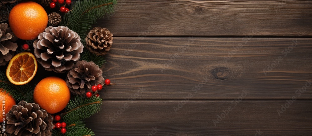 Top-down view of a festive arrangement with tangerines, presents, and pine cones on a dark wooden surface, perfect for adding a message or image. Top-down view of a festive arrangement with tangerines, presents, and pine cones on a dark wooden surface, perfect for adding a message or image.