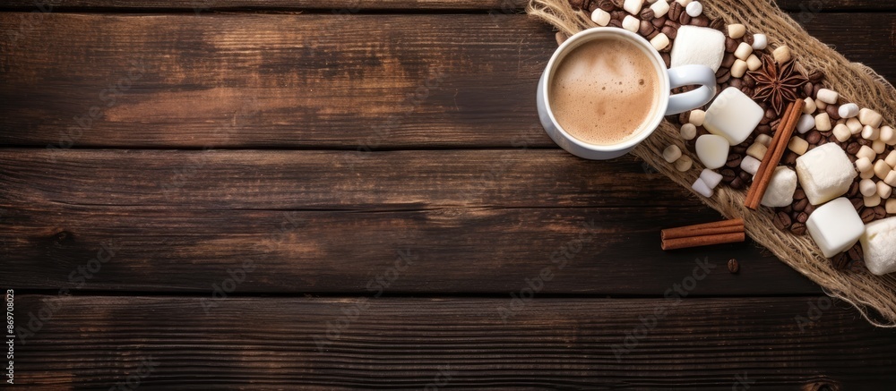 Flat lay copy space image of coffee with milk, marshmallows, chocolate, and cane sugar on rustic burlap and dark wooden background. Flat lay copy space image of coffee with milk, marshmallows, chocolate, and cane sugar on rustic burlap and dark wooden background.