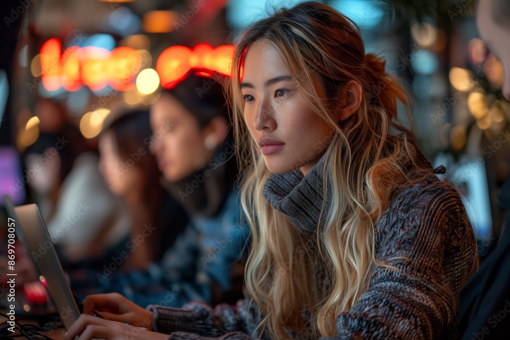 Fototapeta premium Young Woman Working on Laptop in Urban Setting at Night