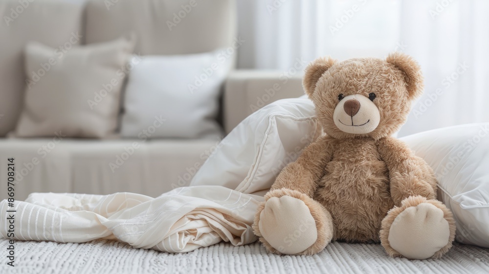 A plush, brown teddy bear sits on a white couch in a modern living room. The couch is covered in white cushions and a white blanket is nearby A plush, brown teddy bear sits on a white couch in a modern living room. The couch is covered in white cushions and a white blanket is nearby