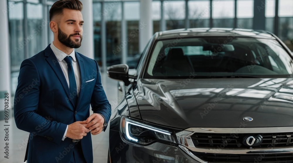 Handsome customer male in business suit touching hood Handsome customer male in business suit touching hood