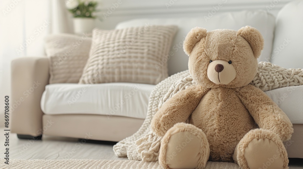 A plush, brown teddy bear sits on a white couch in a modern living room. The couch is covered in white cushions and a white blanket is nearby A plush, brown teddy bear sits on a white couch in a modern living room. The couch is covered in white cushions and a white blanket is nearby