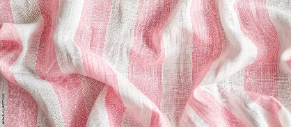 Close-up image of a pink and white striped cotton fabric texture, ideal as a background with copy space image for various applications like clothes or curtain design. Close-up image of a pink and white striped cotton fabric texture, ideal as a background with copy space image for various applications like clothes or curtain design.