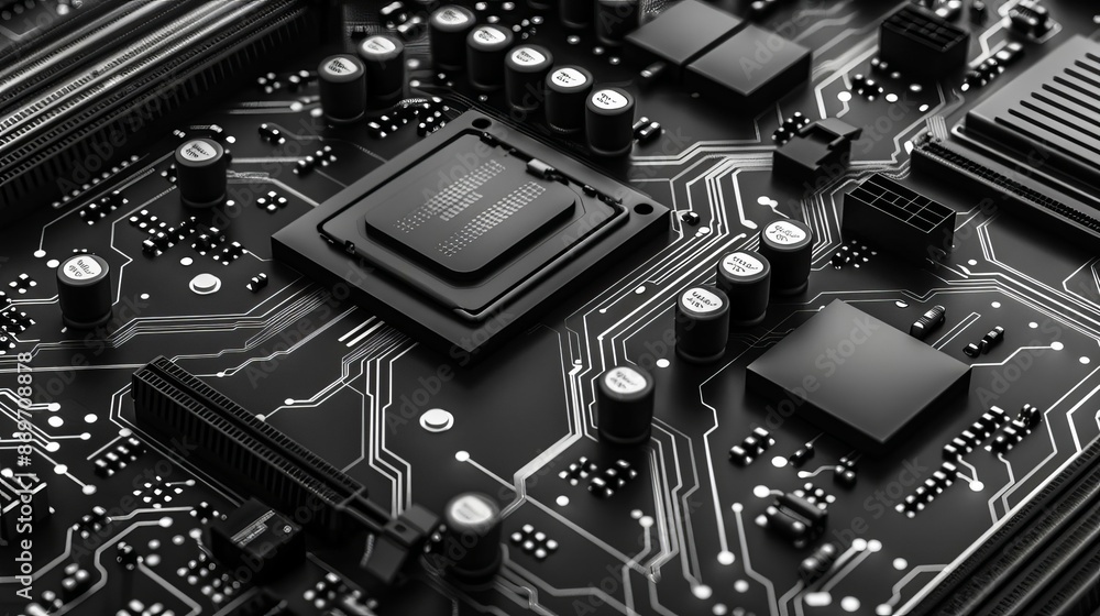 Fototapeta premium wallpaper for seamless electronics circuit board and computer chips background texture abstract futuristic tech dark monochrome black motherboard pattern engineering or robotics te