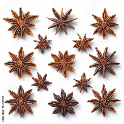 A set of aromatic star anise, isolated on a white background