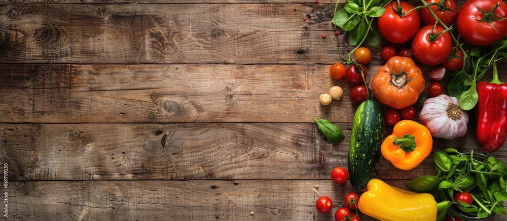 Top-down view of fresh vegetables displayed on a rustic wooden surface; ideal for menu or recipe presentation, featuring a blank area for additional text or images. Top-down view of fresh vegetables displayed on a rustic wooden surface; ideal for menu or recipe presentation, featuring a blank area for additional text or images.