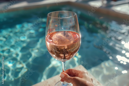 A Glass of Rose Wine by the Pool on a Sunny Day