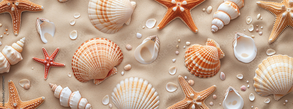 an ocean design featuring seashells and starfish on a sandy background an ocean design featuring seashells and starfish on a sandy background