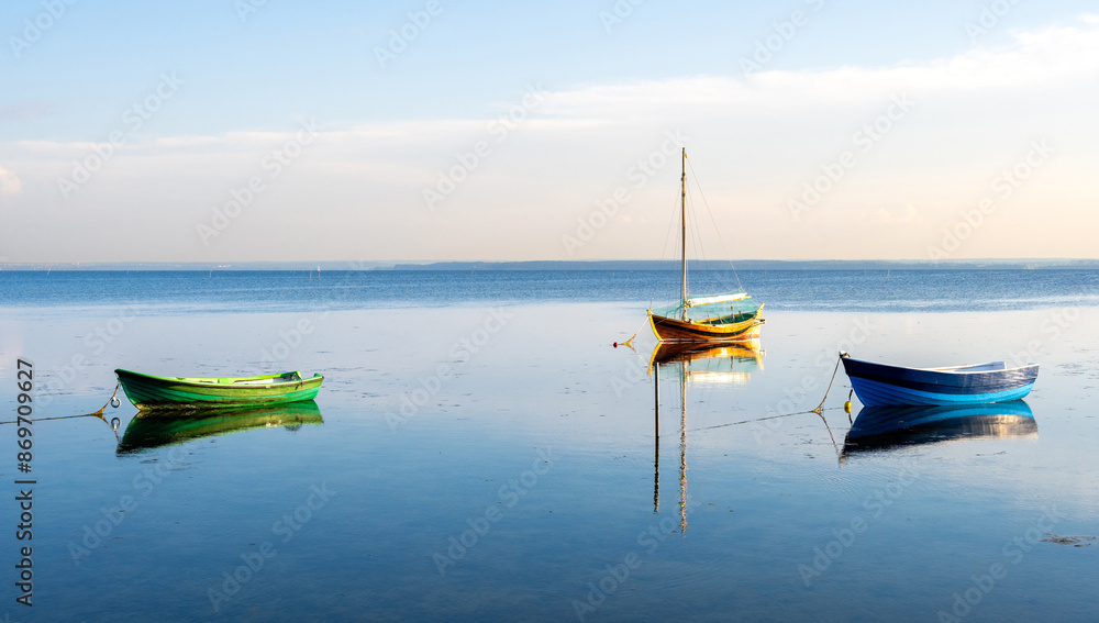 view on fishing boats on bay of Puck ( Baltic sea ) from Hel peninsula in Poland