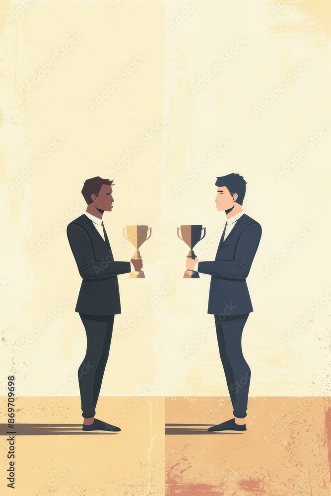 Fototapeta premium Two businessmen holding trophies, equal opportunity