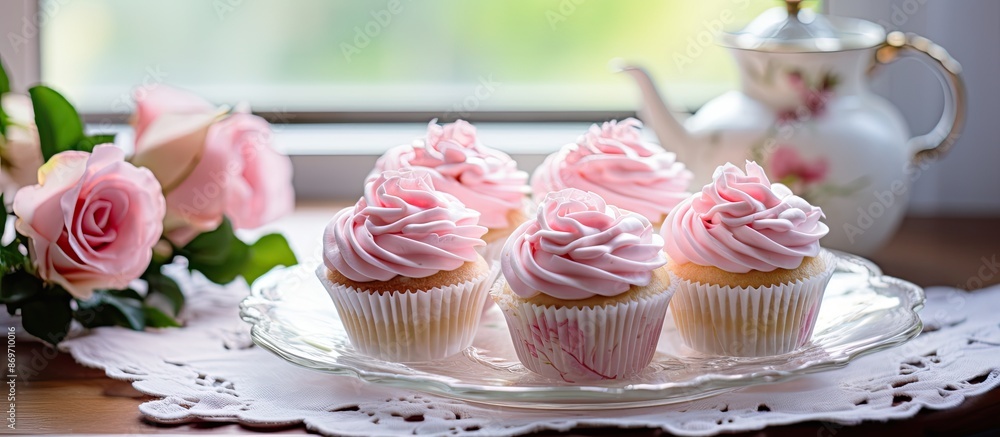 Pink rose napkin cupcakes displayed on a golden wooden kitchen table in a glass tray with selective focus and copy space image. Can be used as a fine art design element in the background. Pink rose napkin cupcakes displayed on a golden wooden kitchen table in a glass tray with selective focus and copy space image. Can be used as a fine art design element in the background.
