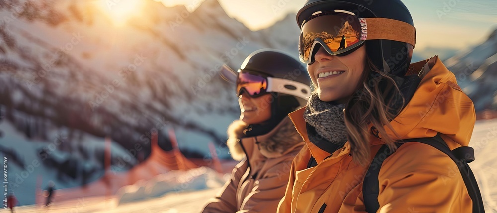 closeup of Couple on ski slope skiing on sunny day in the alps, Golden Hour light, add copyspace for text closeup of Couple on ski slope skiing on sunny day in the alps, Golden Hour light, add copyspace for text