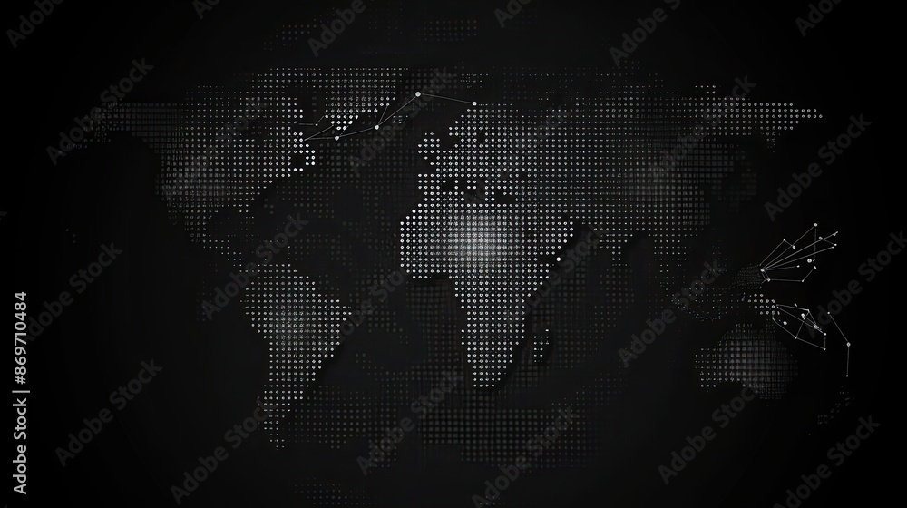 digital world map background from white dots isolated on black background