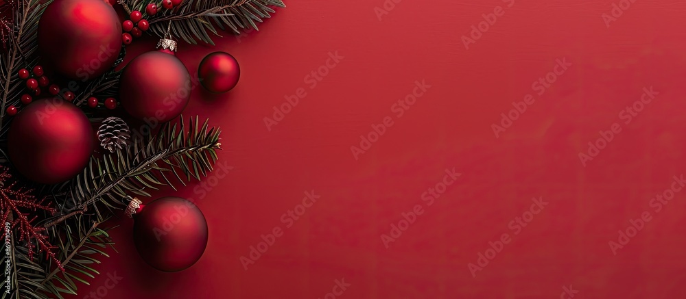 Red Christmas baubles decorating a frame with a red background in a minimal, elegant style. Top view with flat lay on a copy space image for a New Year card or Xmas postcard mockup.
