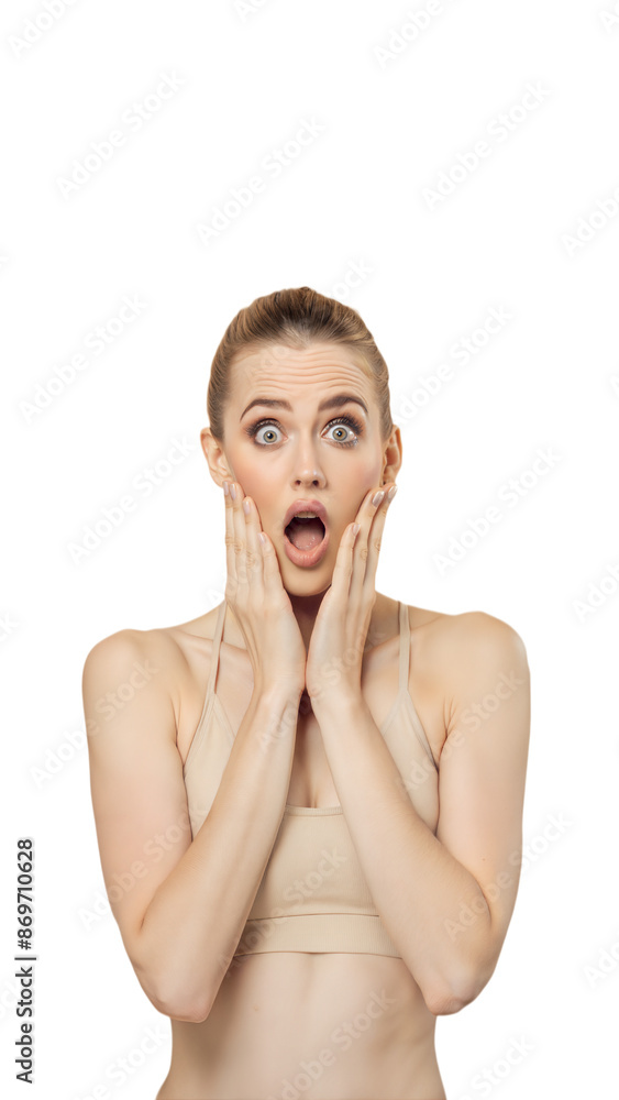 Shocked Woman With Hands On Face Posing On Transparent Background Shocked Woman With Hands On Face Posing On Transparent Background