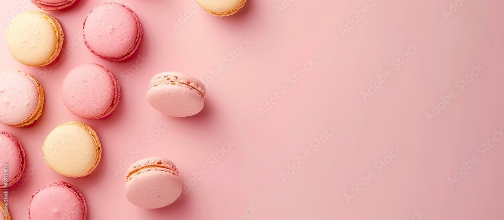 Soft pink surface adorned with pink and yellow macaroons, designed in a minimalist style with a designated spot for text, a copy space image. Soft pink surface adorned with pink and yellow macaroons, designed in a minimalist style with a designated spot for text, a copy space image.