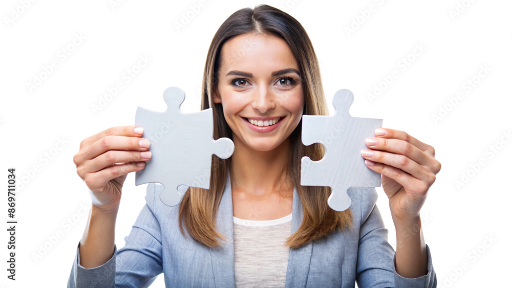 Smiling Woman Holding Two Puzzle Pieces Together Smiling Woman Holding Two Puzzle Pieces Together
