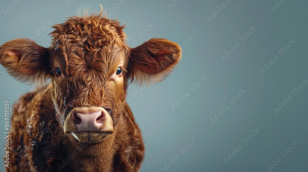 A brown cow with a blue eye stares at the camera A brown cow with a blue eye stares at the camera