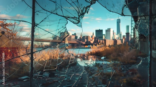 Cracked Window with Urban Skyline: A cracked window with an urban skyline visible through the breaks, blending nature and city.
